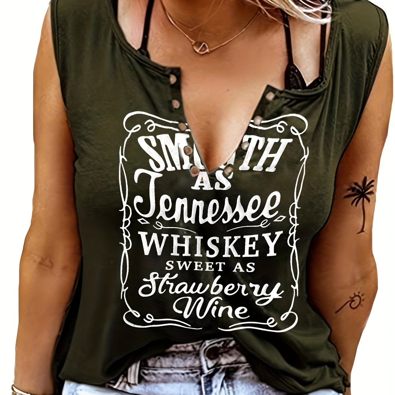 Smooth As Tennessee Whiskey Sweet As Strawberry Wine Women's Tank Top - Soft Pink Sleeveless V-Neck Casual Shirt with Bold Letter Print, Thick Strap Country Music Style, Machine Washable All-Season Wear, Festive Concert Attir