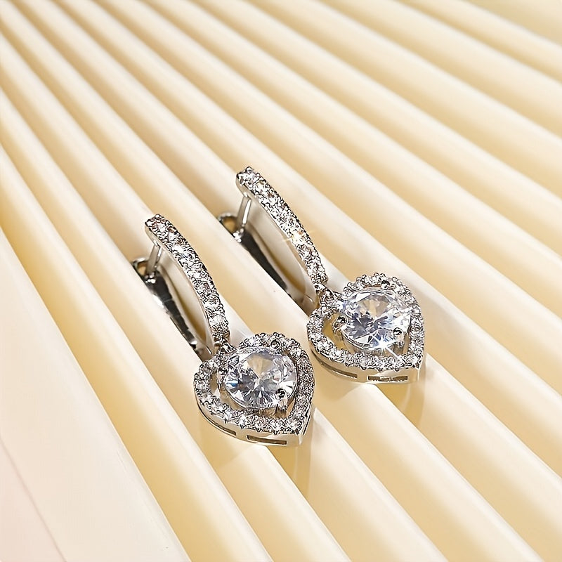 Hollow Heart-Shaped Zirconia Hoop Drop Earrings Delicate Jewelry For Women Girls Gift 1Pair