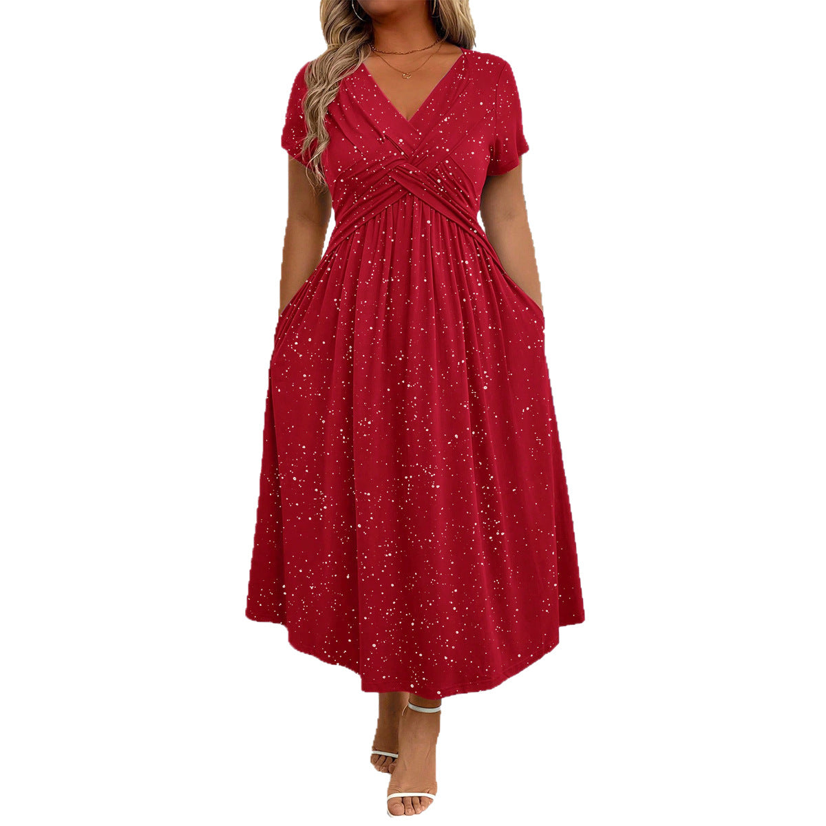 Waist Cinching Elegant Dress With A Vneck Shimmering Powder Finish Twisted Ribbon Detailing And Pocket Design