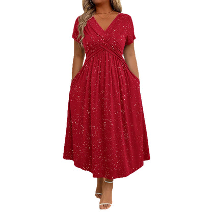 Waist Cinching Elegant Dress With A Vneck Shimmering Powder Finish Twisted Ribbon Detailing And Pocket Design