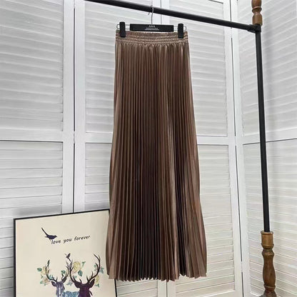 Draped Elastic-waist Versatile Figure-flattering Sophisticated Elegant Solid-color Maxi Skirt