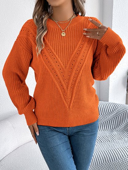 Women Casual Solid Color V-Neck Hollow Out Lantern Sleeve Pullover Sweater