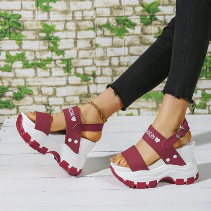 Women's Platform Wedge Sandals - Open Toe Ankle Strap Heels with Metal Buckle