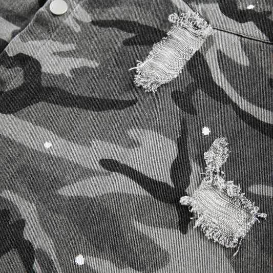American Retro Loose Heavy Industry Distressed Camouflage Long Sleeve Shirt