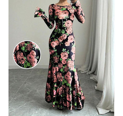 Elegant And Slim-fitting Round Neck Rose Floral Flared Sleeve Bodycon Dress