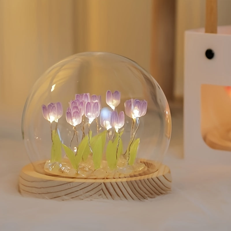 1pc Tulips Gifts For Women Flower Gifts For Her Gifts For Women Birthday Xmas Gift For Mom, Artificial Decor In Glass Dome With Led Light Night Light, Women Gifts For Her, Mom, Christmas Gift