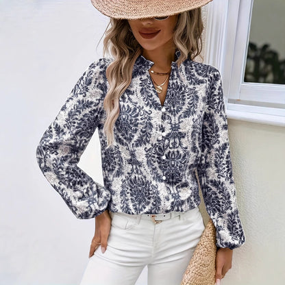 Full Print Lantern Sleeve Ruffled Trim Shirt