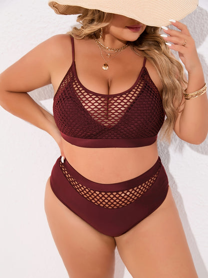 Plus Size Casual Bikini Set, Women's Plus Solid Contrast Fishnet Hollow Out High Stretch Crop Tank Top & Underwear Swimsuit Two Piece Set