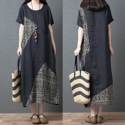 Patchwork Printed Cotton And Linen Crew-neck Short-sleeve Dress