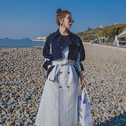 Women's Windbreaker Korean Style Hit Color Double-breasted Plaid Fashion Mid-length Coat