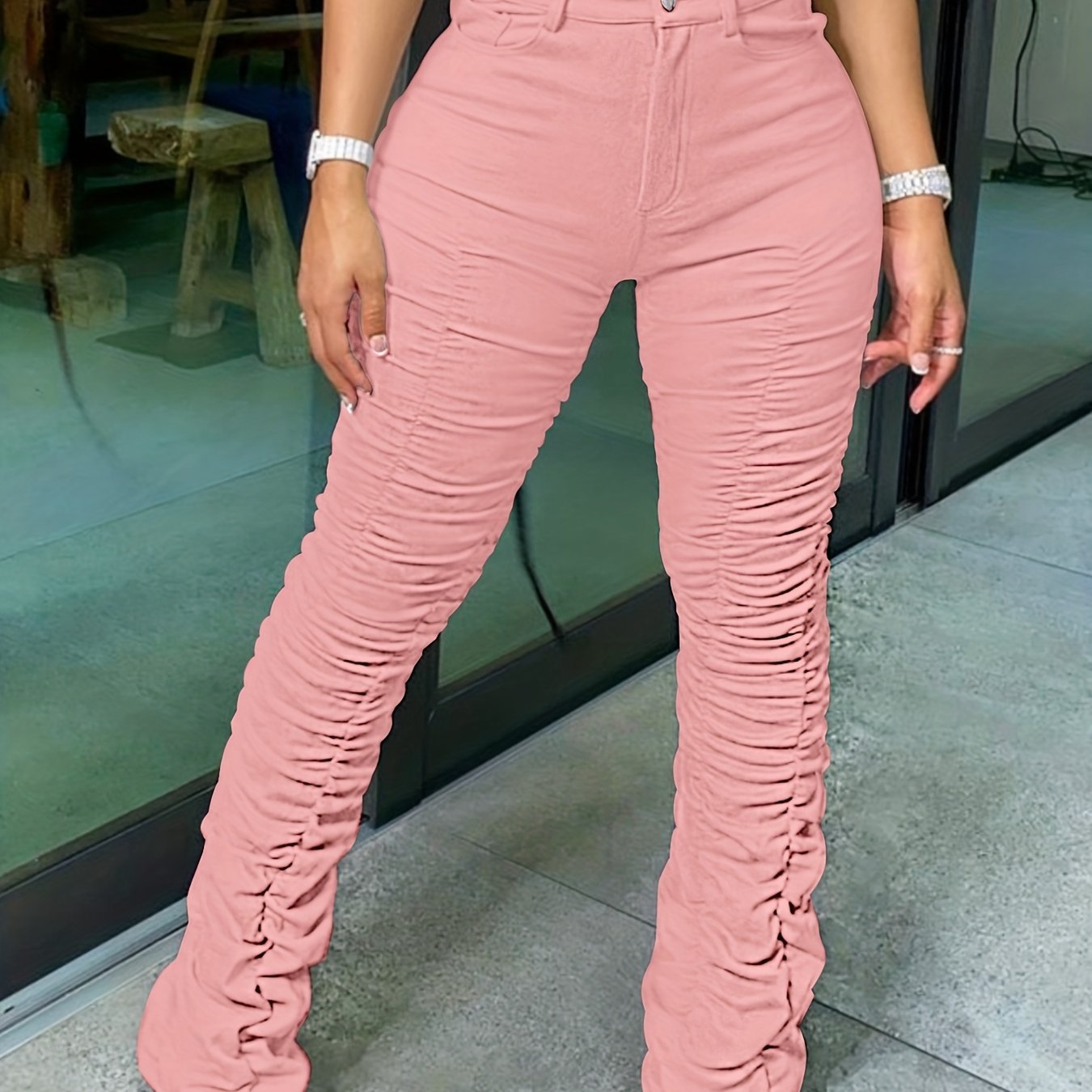 HY5159 Women's High-Waisted Stretchy Ruched Pants - Light Grey Casual Tapered Leggings with 95% Polyester 5% Elastane, Machine Washable All-Season Comfort