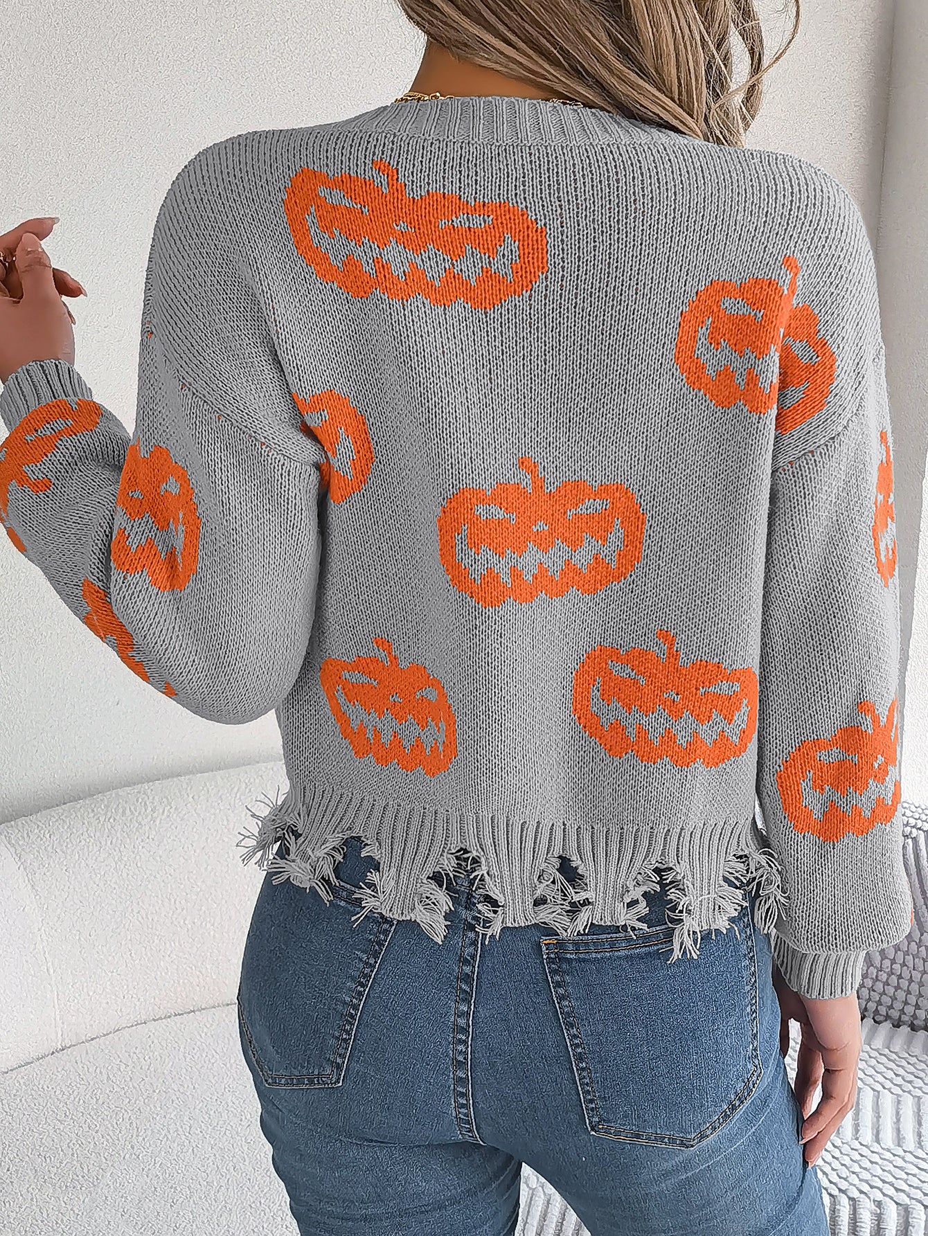 Women Color Block Pumpkin Distressed Long Sleeve Pullover Sweater