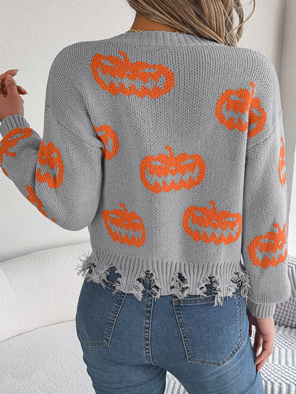 Women Color Block Pumpkin Distressed Long Sleeve Pullover Sweater