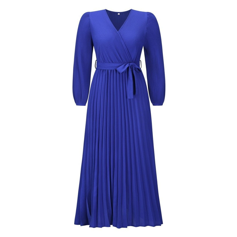 V-neck Long Sleeve Pleated A- Line Mid-length Dress