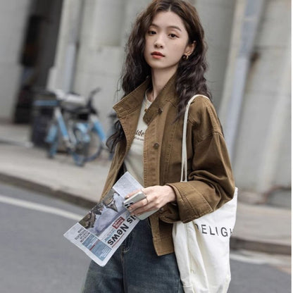 Korean Retro Workwear Stand-collar Jacket For Women