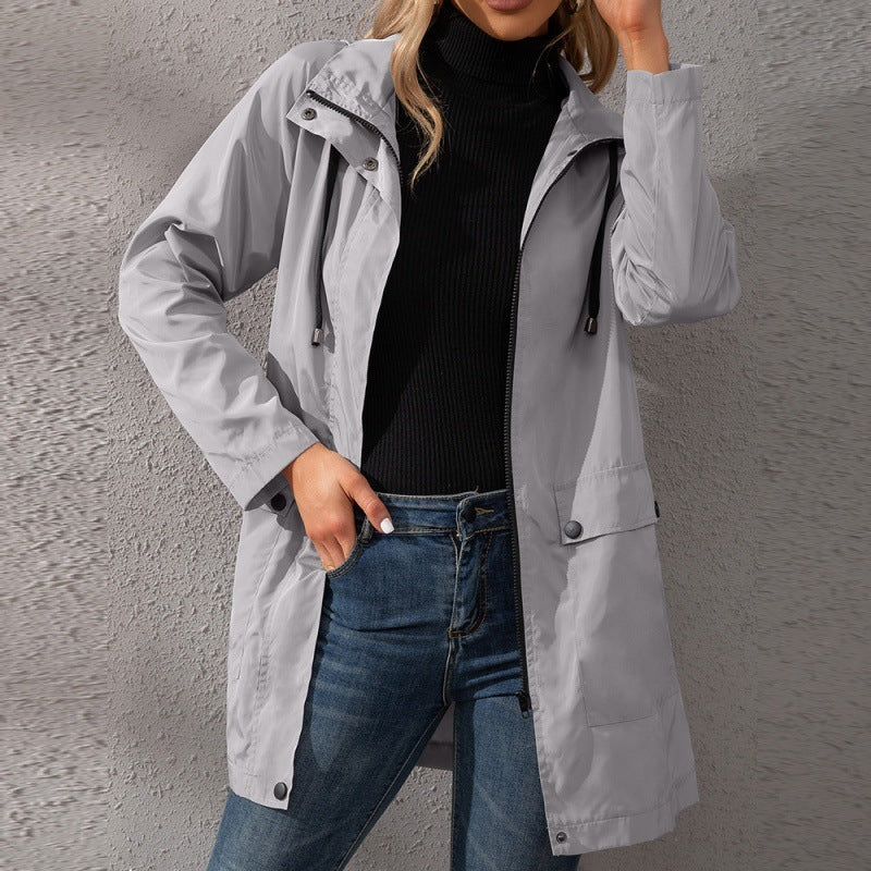 Casual Mid-length Zipper Waterproof Hooded Trench Coat