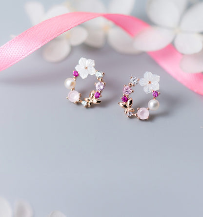 Diamond flower pearl earrings