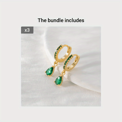 1 Pair of Copper Inlaid Green Water Droplet Pendant Earrings, Retro and Elegant Synthetic Zircon Women's Earrings