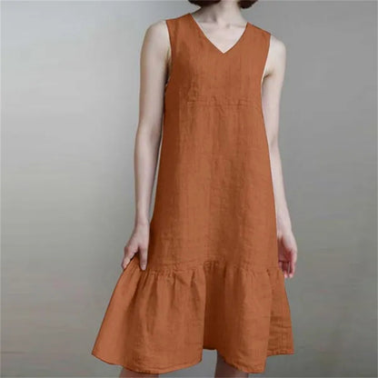 Loose-fit V-neck Solid-color Pleated Strap Sundress In Cotton And Linen