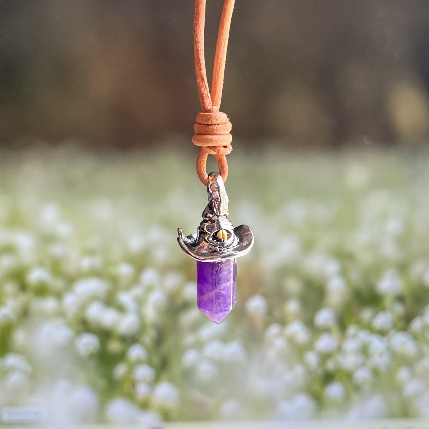Retro Natural Amethyst Hexagonal Witch Hat Pendant Necklace