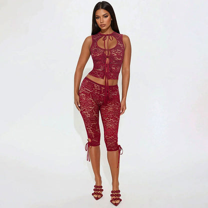 Lace-spliced Lace-up Backless Top And Shorts Set For Women