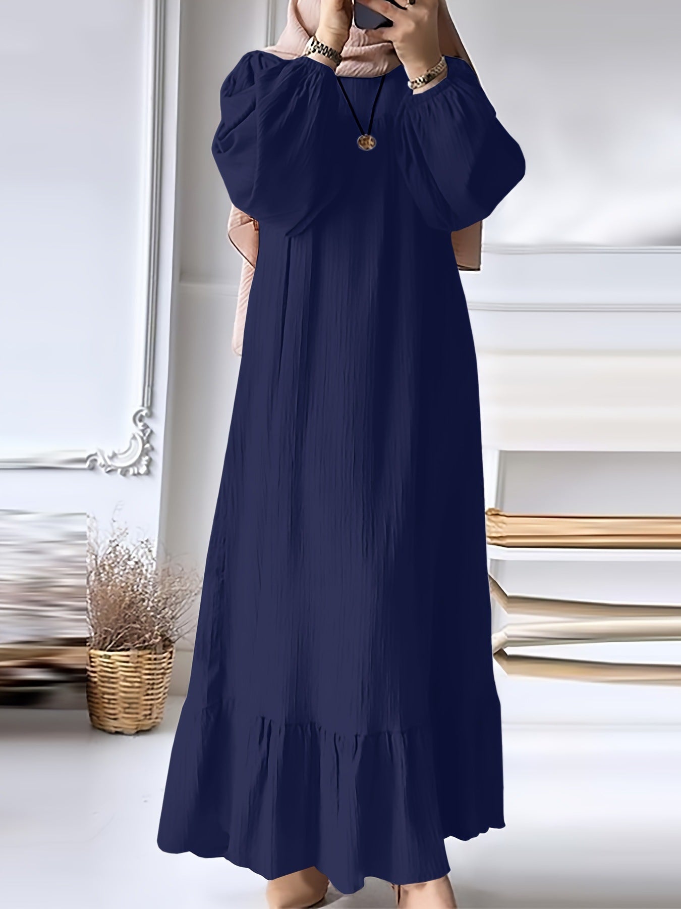 Fashion Solid Color Round Neck Ruffled Long Sleeve Dress