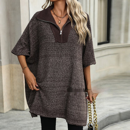 Women's Fashionable Mid-length Zipper And Lapel Sweater