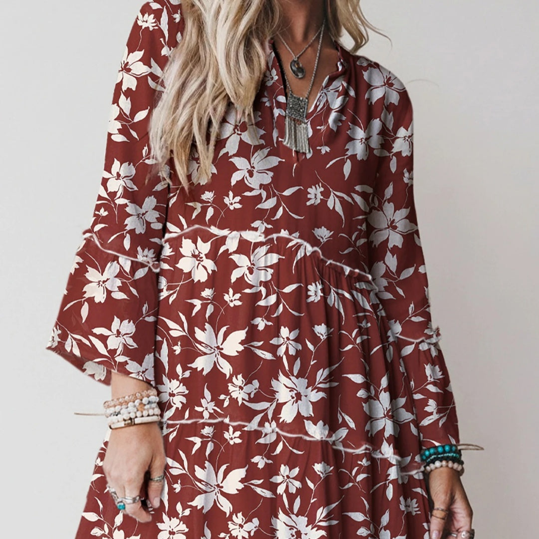 Women's V-neck Printed Ruffle Pleated Elegant Dress