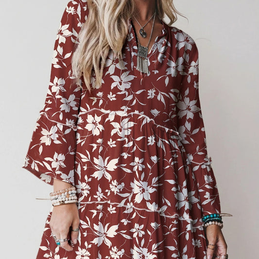 Women's V-neck Printed Ruffle Pleated Elegant Dress