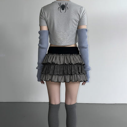 Contrast-color Striped Figure-flattering Layered Ruffle Cake Skirt