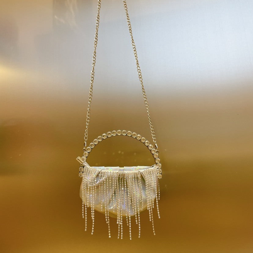 Rhinestone Tassel Pleated Mini Shoulder Messenger Bag