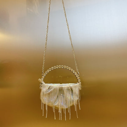 Rhinestone Tassel Pleated Mini Shoulder Messenger Bag