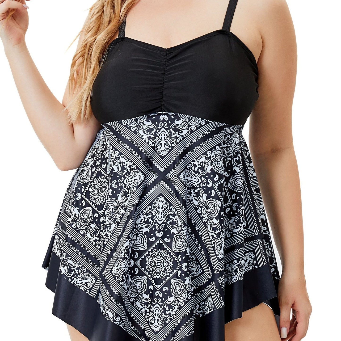 Plus Size Tribal Print One-Piece Swimsuit - Off Shoulder Bandeau Swimwear for Women