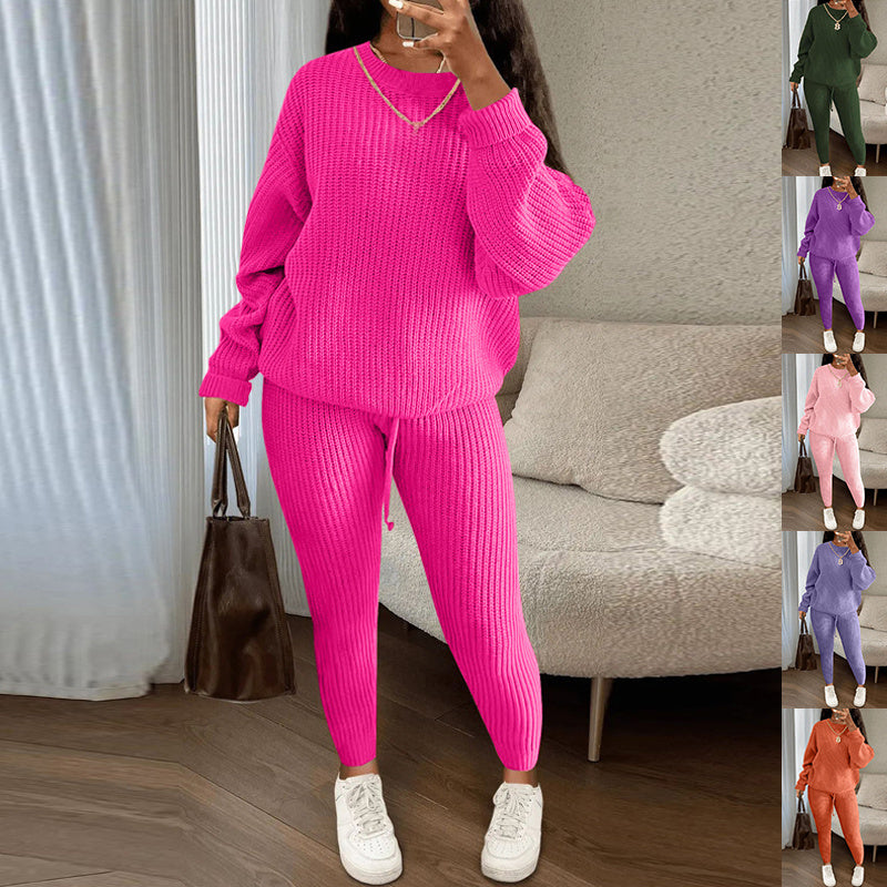 Women's Winter Ribbed Knit Co-ord Set - Loose Pullover Sweater & Drawstring Pants