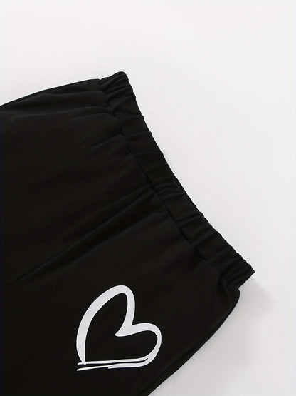 Girls' Fashion Set: Heart Print Round Neck Short Sleeve T-Shirt & Sweatpants 2pcs Casual Cotton Outfit, Perfect for Outdoor