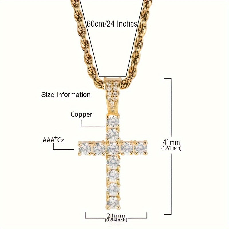 Hip-Hop-Kreuz-Anhänger aus Kupfer mit 4 mm Zirkonia, 14 Karat vergoldet