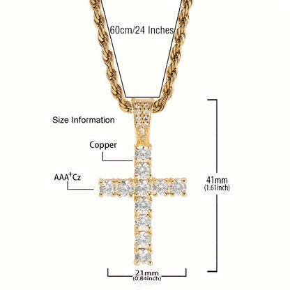 Hip-Hop-Kreuz-Anhänger aus Kupfer mit 4 mm Zirkonia, 14 Karat vergoldet