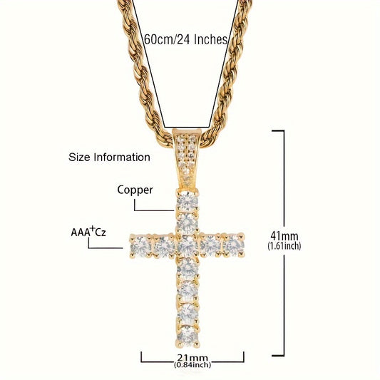 Hip-Hop-Kreuz-Anhänger aus Kupfer mit 4 mm Zirkonia, 14 Karat vergoldet