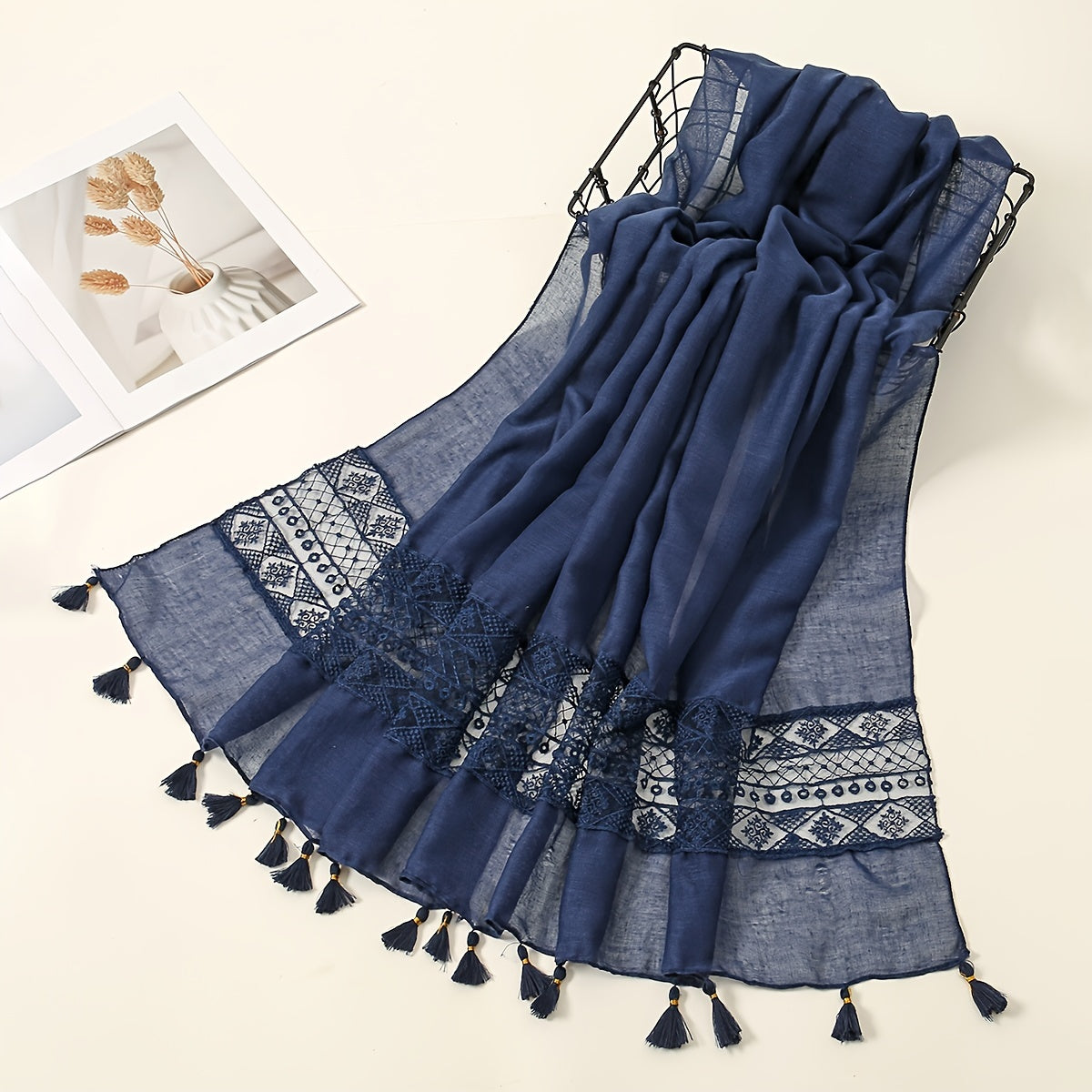 Embroidery Hollow Lace Tassel Scarf Fashion Elegant Casual Cold Weather Scarves Wraps For Women for eid