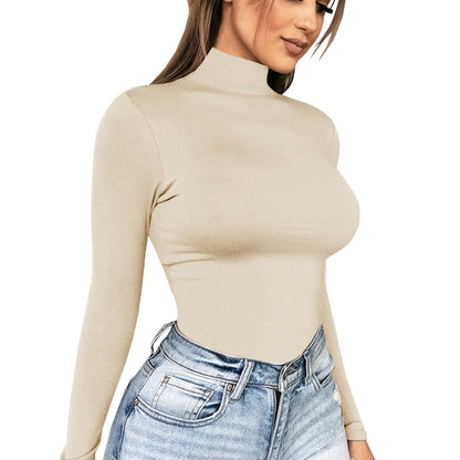 Women's Basic Solid Stretchy Long Sleeve Turtle Neck T-Shirt - Casual Everyday Top for Comfort and Style