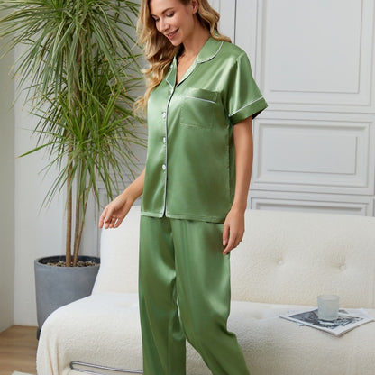 Summer Minimalist Casual Faux-silk Short-sleeve Shirt And Trousers