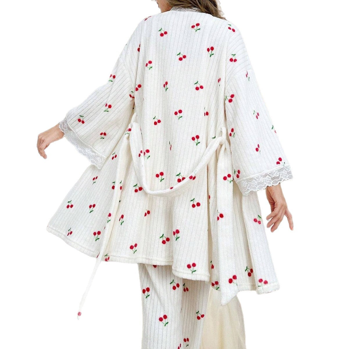 Women's Lace Trimmed Camisole Jacket And Cherry Print Trousers Three Piece Set