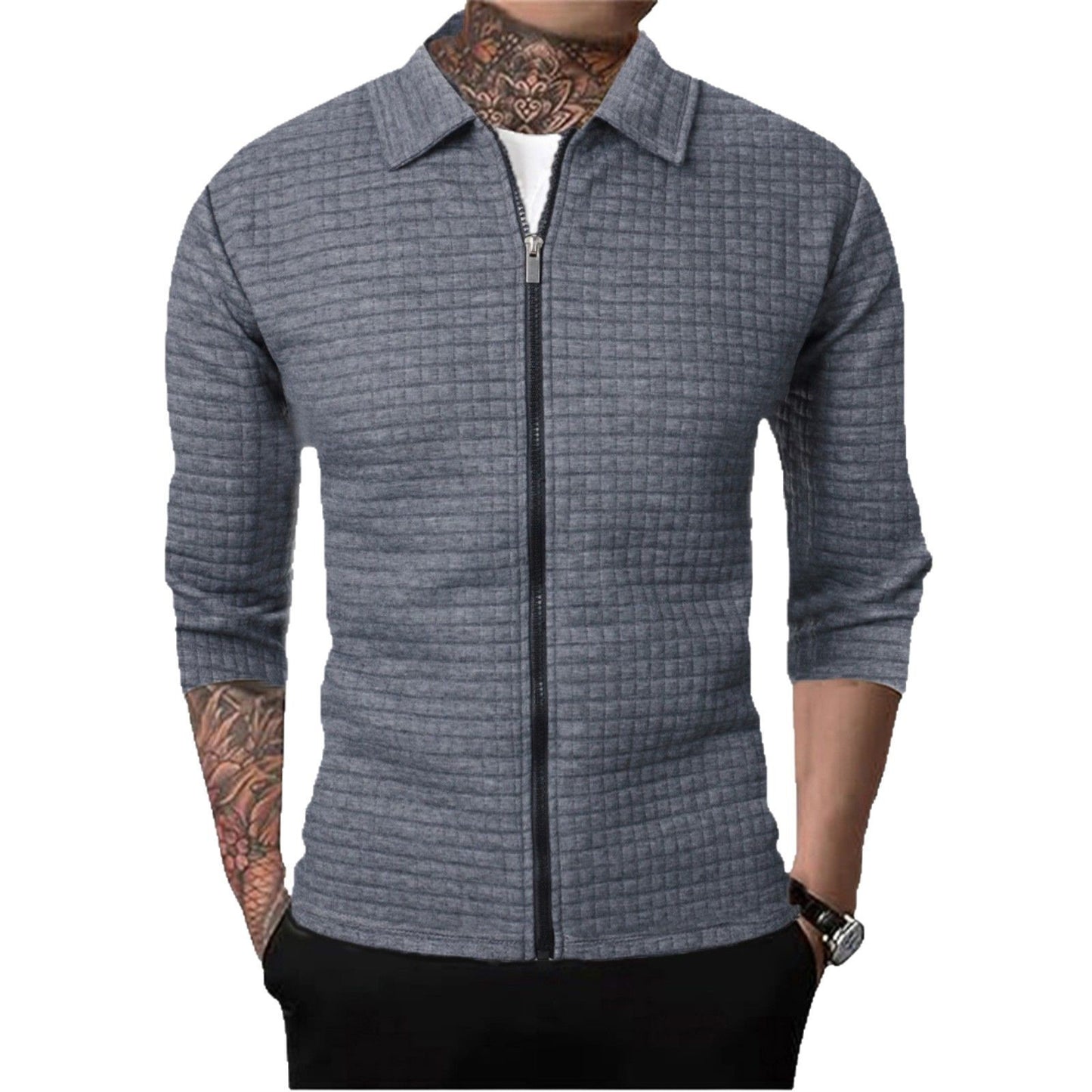 Men's Casual Long-sleeved Lapel Waffle Jacket Cardigan