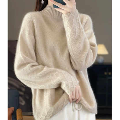 Retro Jacquard Knitted HalfHigh Neck Base Sweater Loose Effortless Base Top