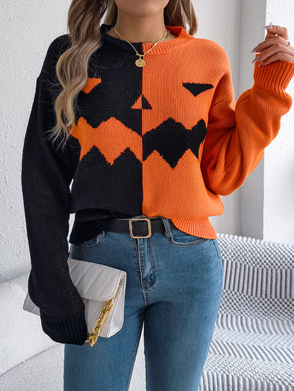 Women Ghost Pumpkin Color Block Long Sleeve Pullover Sweater