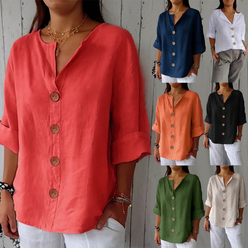 Loose-fit Women's V-neck Cotton-Linen Button T-shirt Top