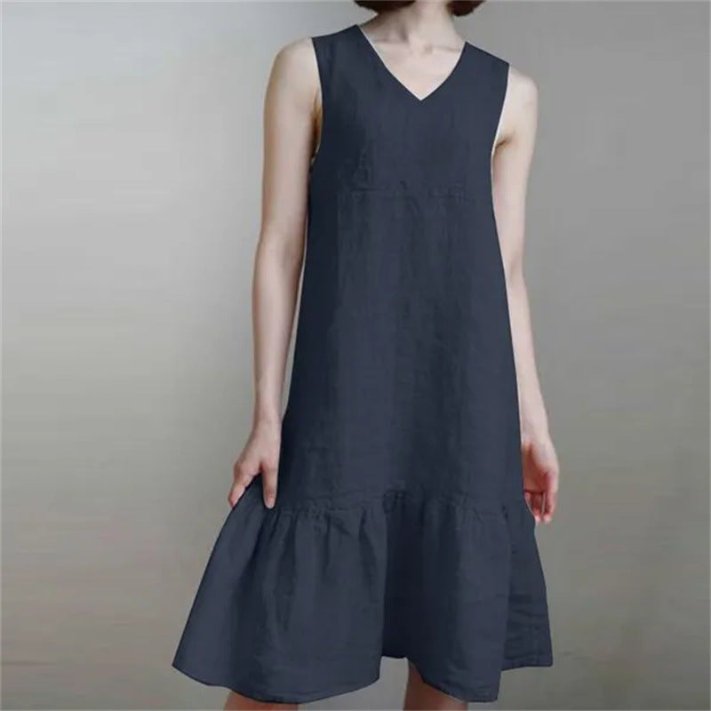 Loose-fit V-neck Solid-color Pleated Strap Sundress In Cotton And Linen