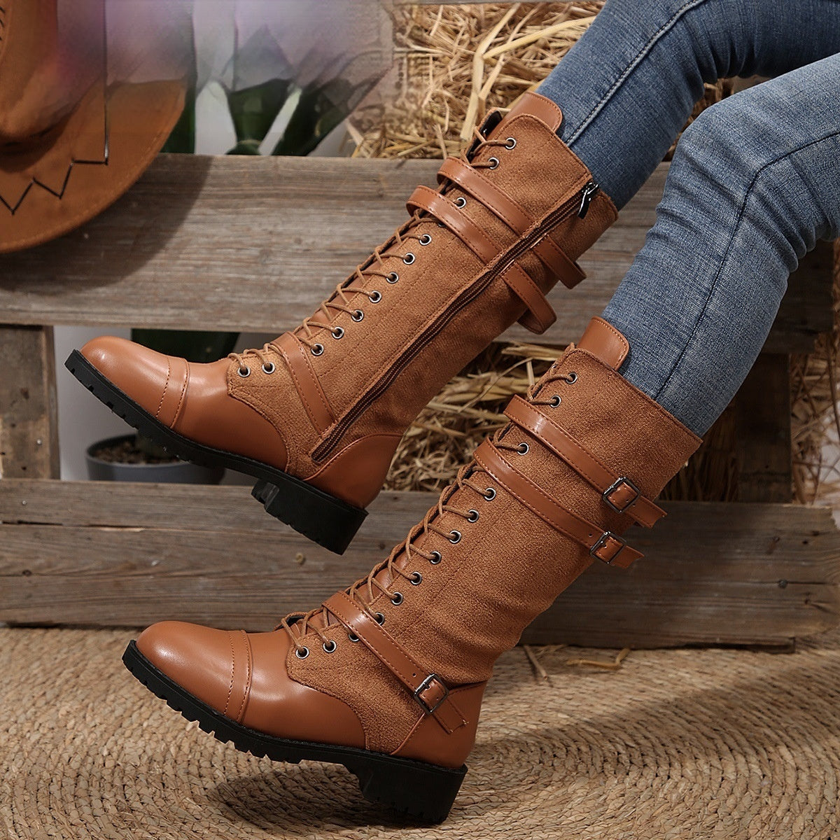Round Toe Rivet Belt Buckle Square Heel Boots