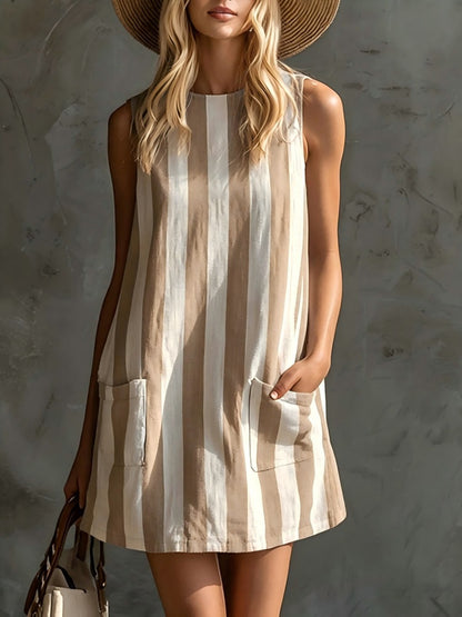 Women's Retro Striped Sleeveless Crew-Neck Cotton-Linen Mini Dress