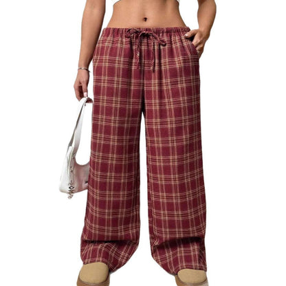 Women's Casual All-match Loose Drawstring Plaid Pocket Trousers